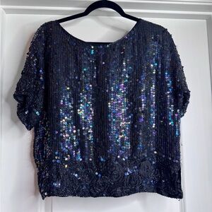Vintage CeeCee Black Sequin Beaded Short Sleeve Formal Blouse